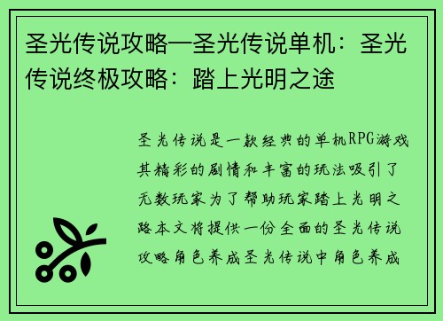 圣光传说攻略—圣光传说单机：圣光传说终极攻略：踏上光明之途