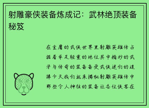 射雕豪侠装备炼成记：武林绝顶装备秘笈