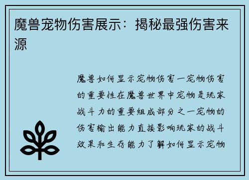魔兽宠物伤害展示：揭秘最强伤害来源